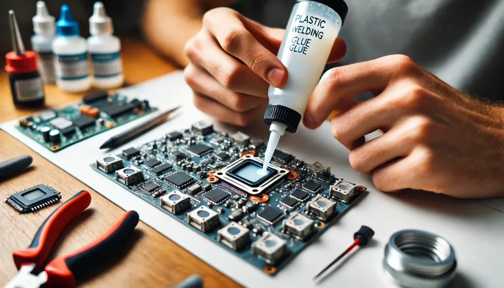 Using plastic welding glue to bond two plastic components.