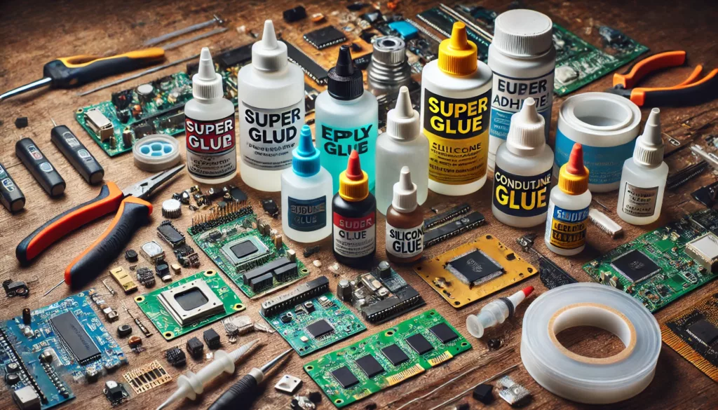 A variety of glues for electronics repair on a workbench