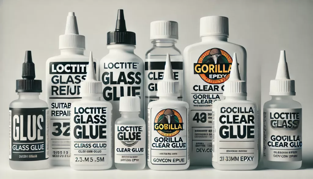 Various types of the best glue for glass repair displayed with labels