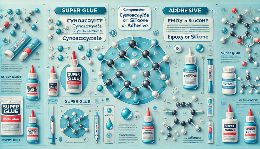 Infographic comparing the composition of super glue and adhesive