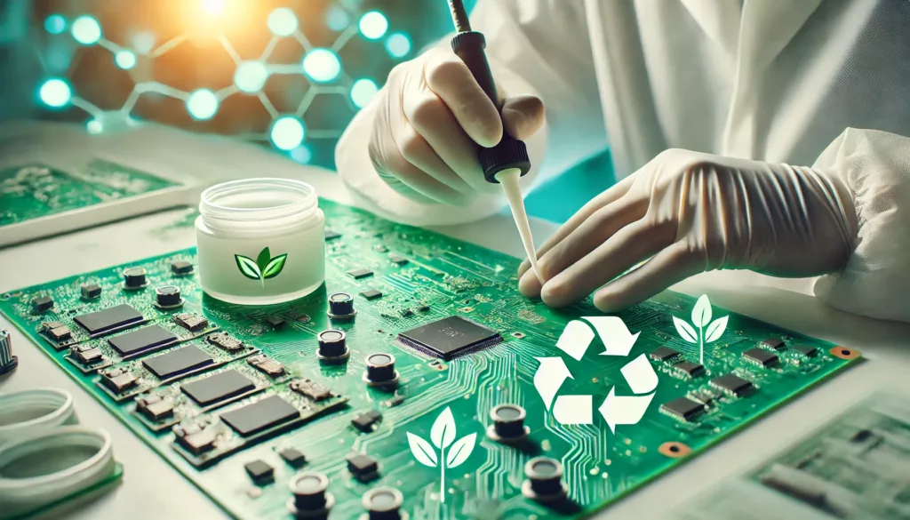 Silicone adhesives applied to circuit boards in sustainable electronics manufacturing.