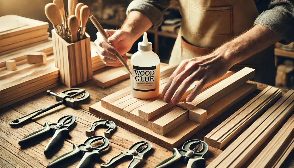 Applying wood glue to wooden pieces for bonding."