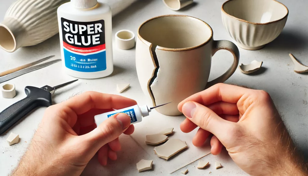 Super glue being used to repair a broken ceramic mug.