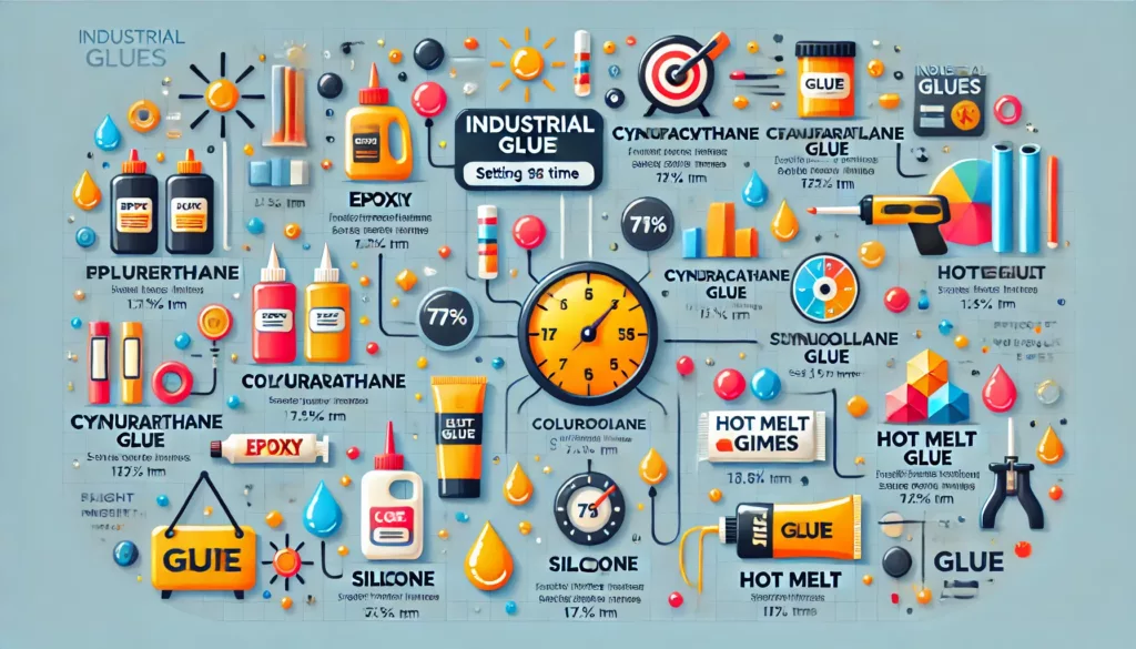 Infographic showing types of industrial glue and their setting times.