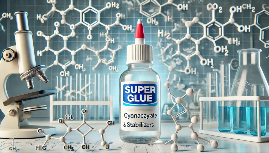 Commercial formulation of super glue with molecular representations.